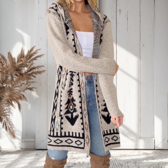Oatmeal Aztec Rainbow Western Hooded Knit Cardigan Long Sleeve Open Sweater - Picture 1 of 3